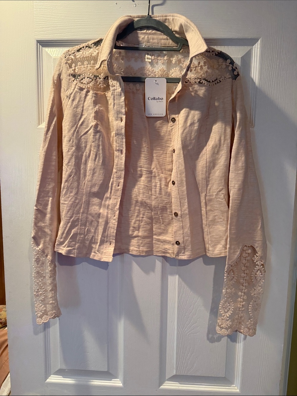 Women's Blush Lace-Detail Button Front Jean Jacket